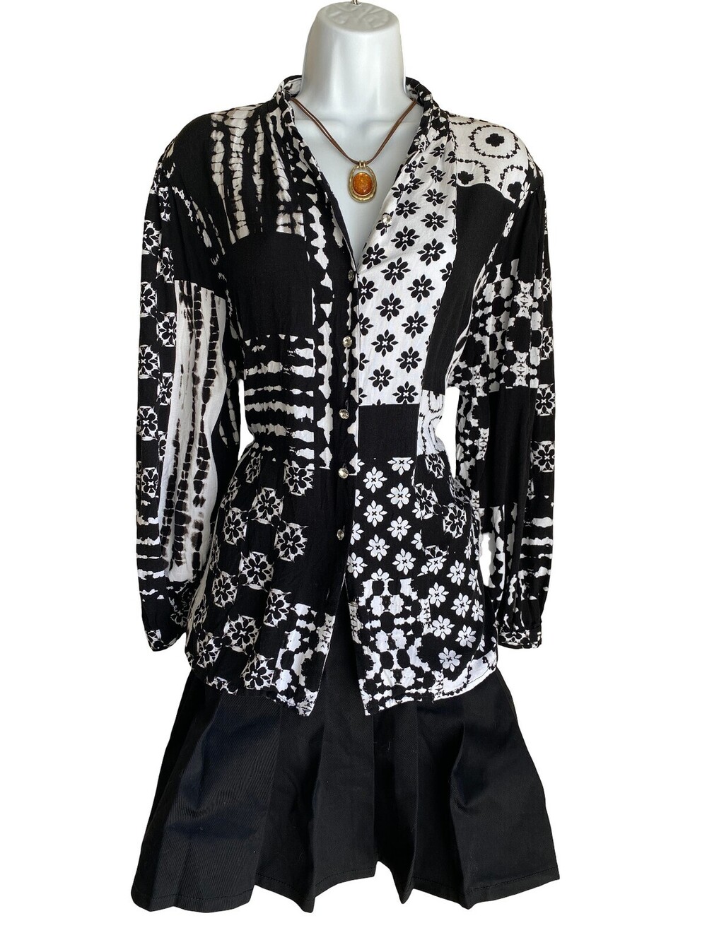 VTG Allison Daley Plus PXL Black White Patchwork Button Up Blouse Whimsigoth Top